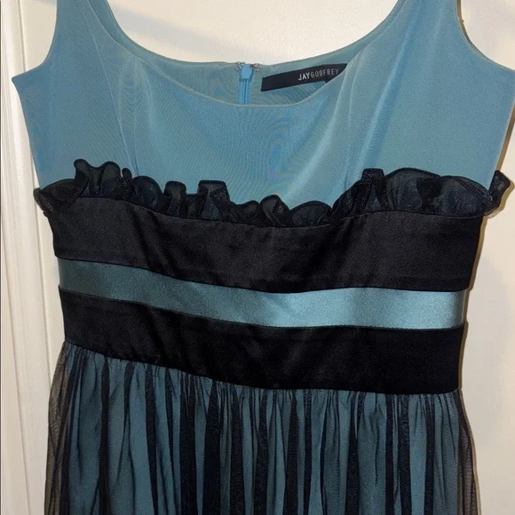 Jay Godfrey Women’s Designer Vintage Teal and Black Ruffled Mini Dress Size 4 - Picture 3 of 6